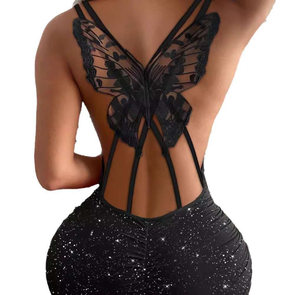 2026 European American cross-border fashion dress with butterfly cutout on the back and glittery elastic fabric