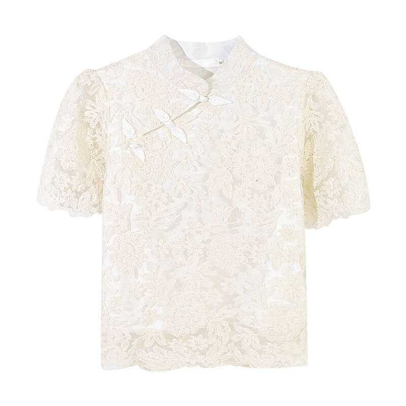 Short sleeve Blouse Women Lace Design Embroidery Elegant Female Fashion Tops Casual Stand-collar Chinese Style New Style Button Chinese National Style
