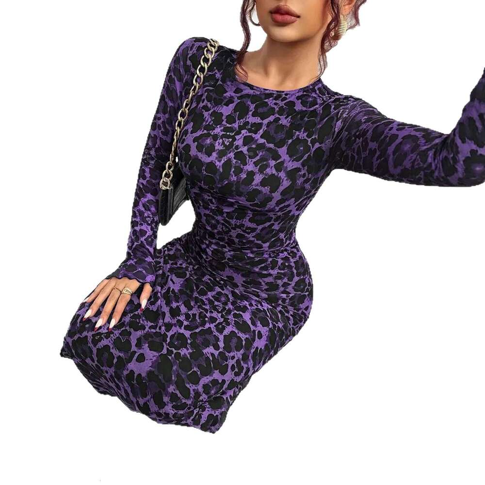 2026 European and American Women's Elegant Leopard Print Slim Fit See-Through Sleeve Sexy Waist-Cinching Tight-Fitting Long Dress