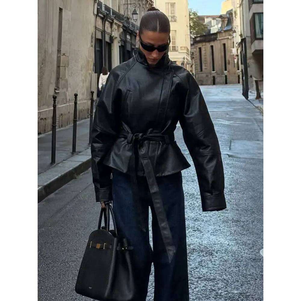 HH Women Fashion Black Short Faux Leather Trench Coat Long Sleeve Lapel With Belt Vintage Lady Motorcycle Jacket Outwear