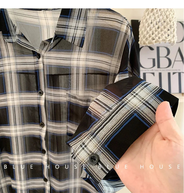 Red Black Checkered Long Sleeve Sunscreen Shirt for Womens Spring and Autumn Loose and Lightweight Shirt Top Outer 260306