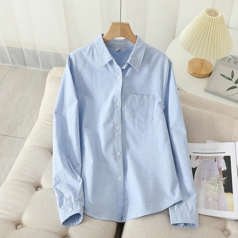 Casual Cotton Womens Oxford Shirt Autumn Good Quality Woman Blouse and Tops Lady White Blue Striped Shirts Clothes 260306