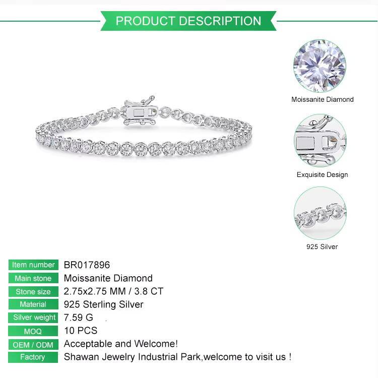 Fashion Unisex Jewelry 925 Sterling Silver White Gold Plated Chain Bracelet Charm Moissanite Tennis Bracelet for Women