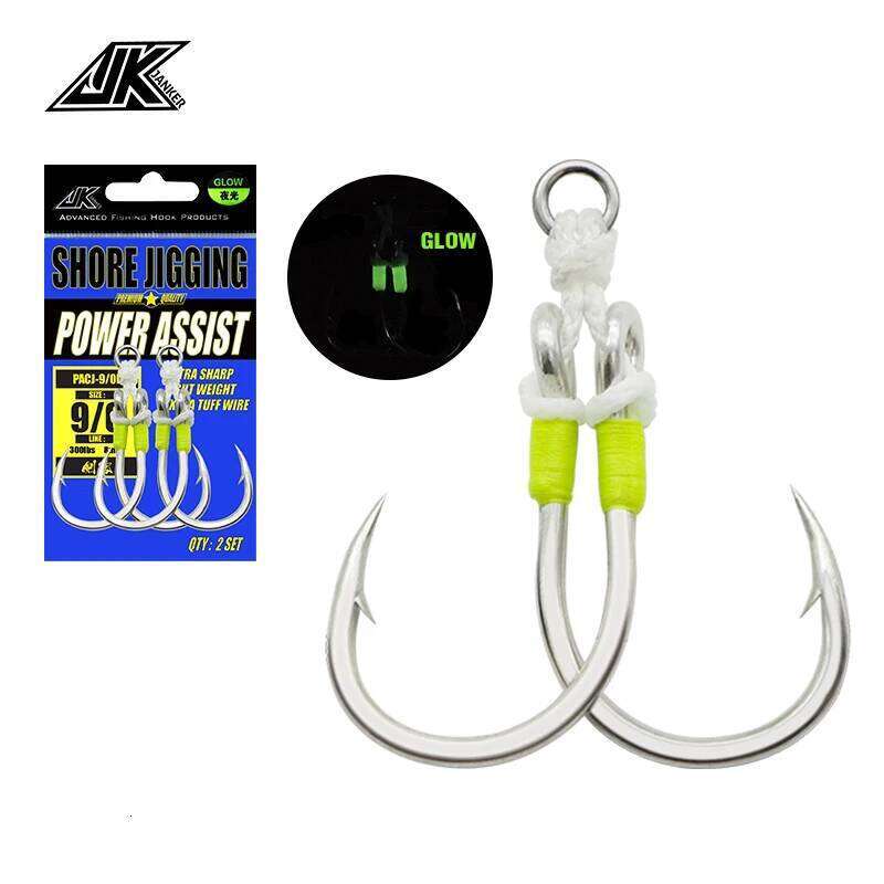 JK PACJ Power Twin Assist Hooks Set 1/0-11/0 Luminous Heavy Jig Hook Boat Fishing Accessories Saltwater Fishhooks S260305