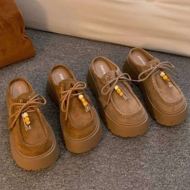2025 Women's Suede Platform Mules - Cute Smiley Pin Decor Lace-up Loafers Thick Sole Fashion Casual Slip-on Shoes