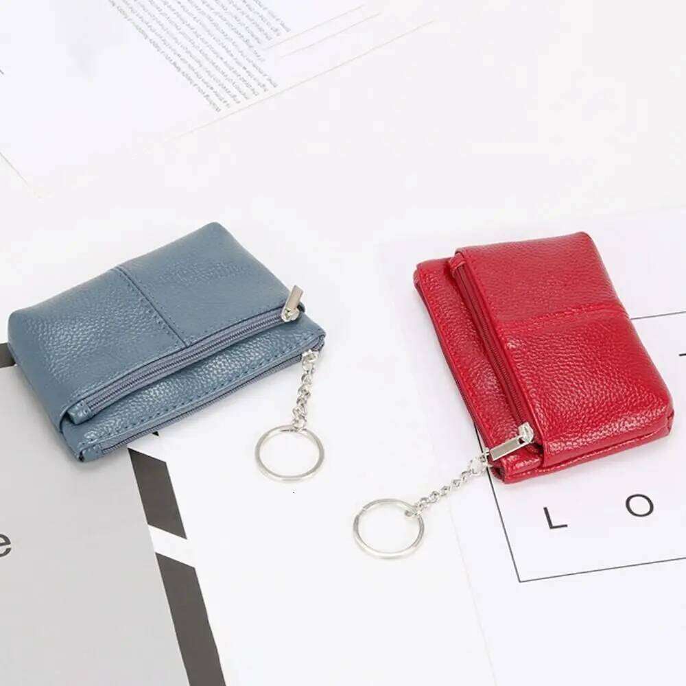 Portable PU Coin Purse Mini Zipper Leather Purses with Keychain Solid Color ID Credit Card Holder C260304