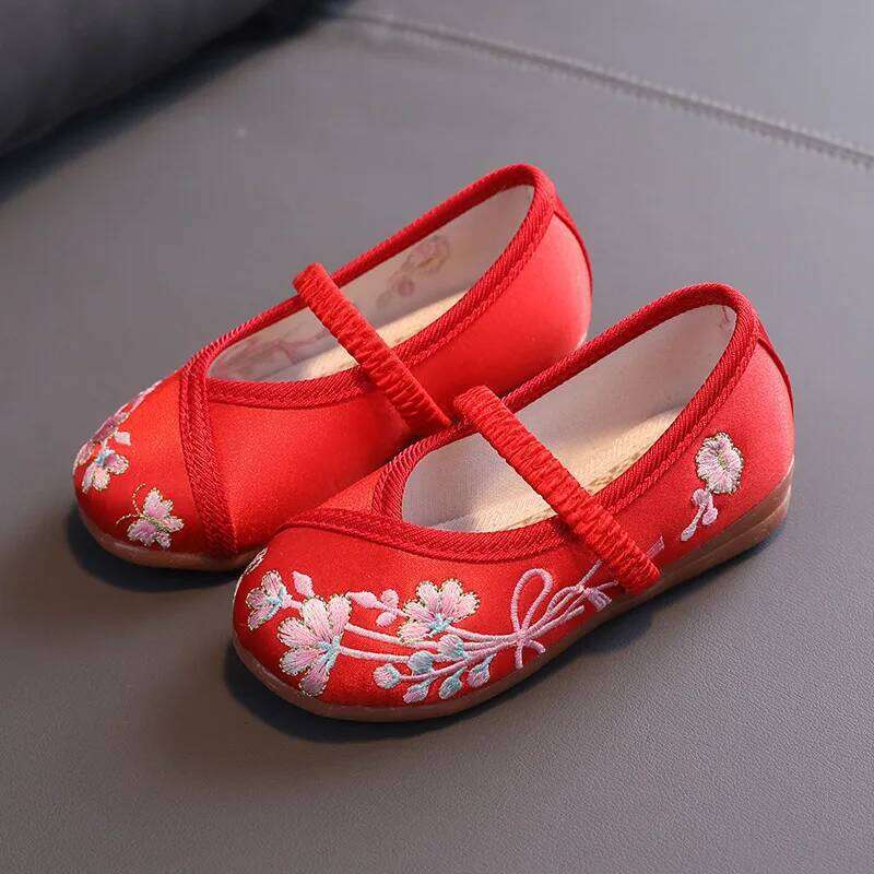Hand-embroidered Chinese Style Cotton Cloth for Children Soft-soled Comfortable Flat Kids Girls Princess Shoes Red 26H0306