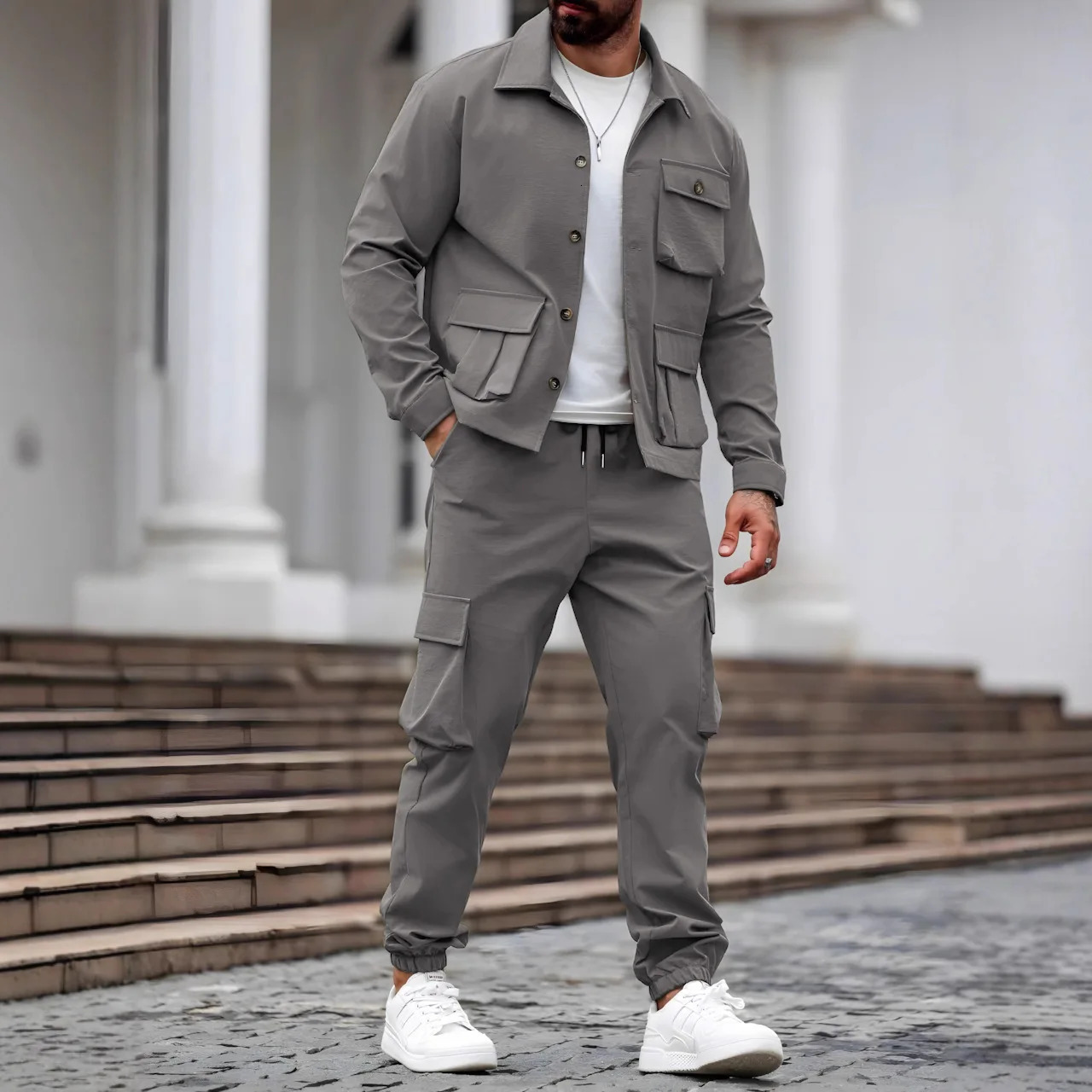 Spring and Autumn mens suit with shuttle fabric multiple pockets versatile casual fashionable and retro 260227
