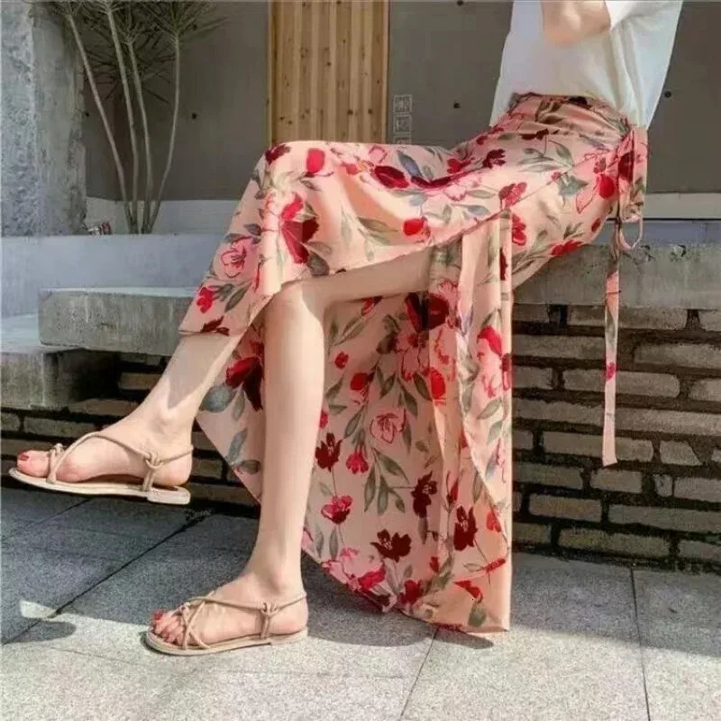 Summer Beach Floral Skirt for Women Cotton High Waist Wrap Maxi Skirt Long with Side Slit Tie Detail Boho Style 260306
