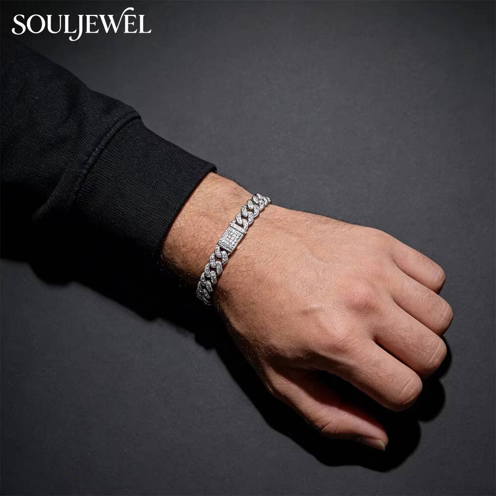 Sterling Silver Rhodium Plated Cuban Chain Bracelet with Moissanite Pave Link Hip Hop Style GRA Certified Jewelry for Daily Wear