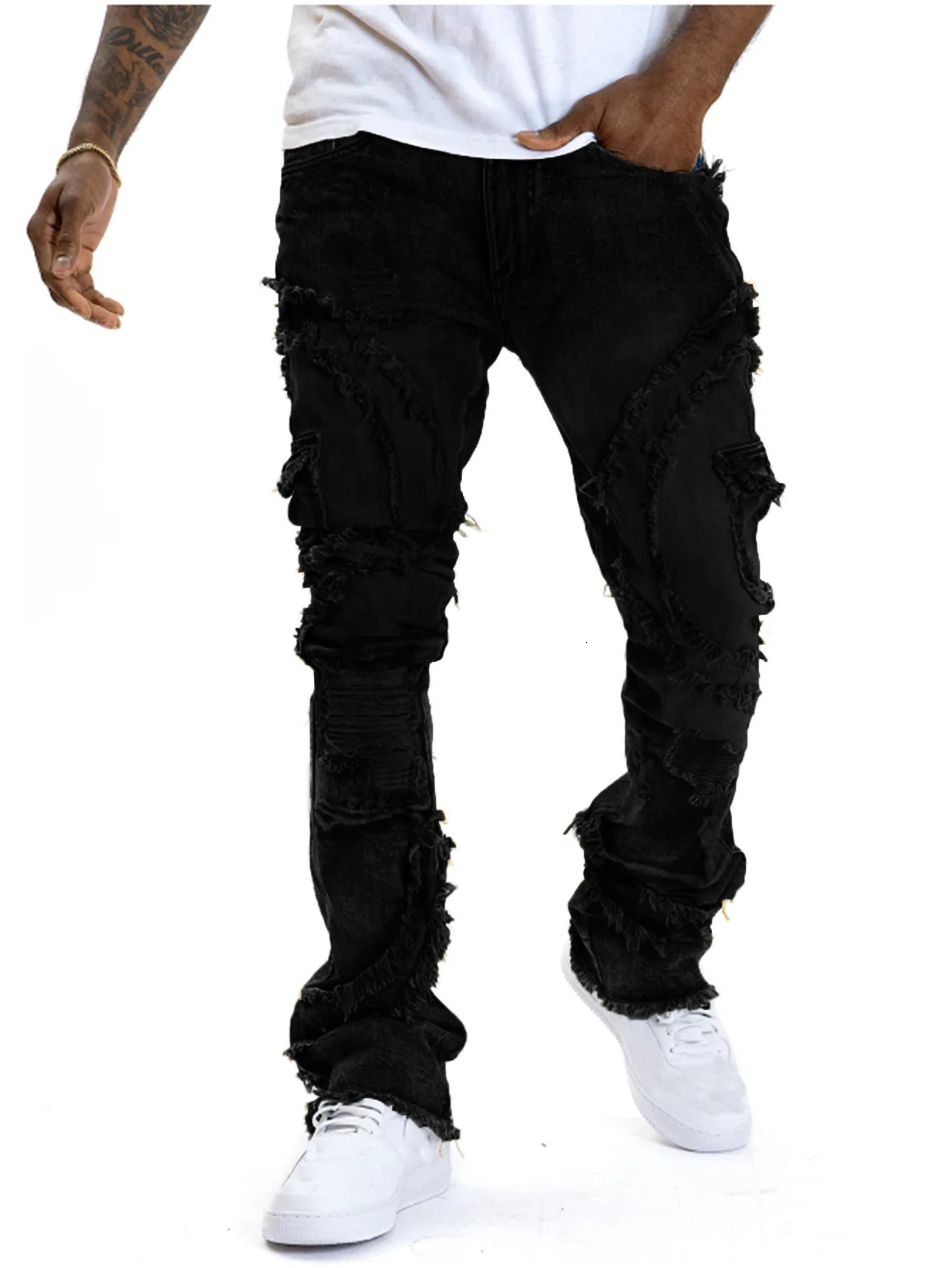 2025 European and American mens casual jeans street punk fashion retro ripped hole slightly flared tassel elastic 260228