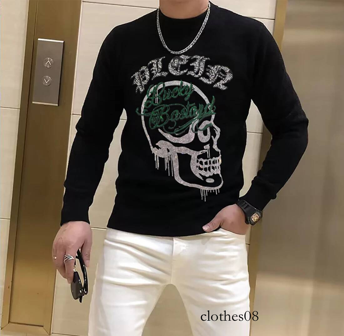 Men's Street Sweater Trendy Brand Rhinestone Skull Plein Pullover Tops Round Neck Plus Size Black Hip-Hop Streetwear Man Clothes