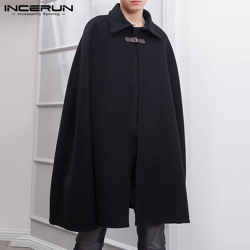 INCERUN Fashion Men Cloak Coats Lapel Solid Color One Button Cape Trench Streetwear Casual Male Overcoats Ponchose S5XL 260302