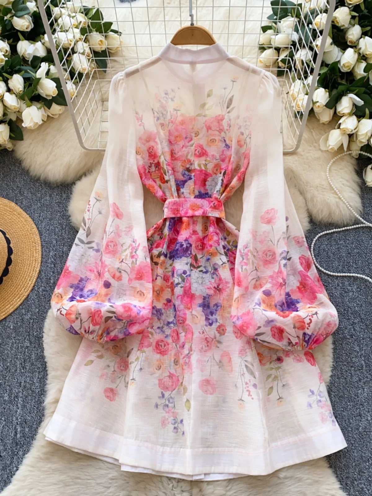 French Court Style Vintage Lantern Sleeve Dress Pearl Single Breasted Belt Slim Waist A-line Big Swing Robe Spring Chic Vestidos X260306