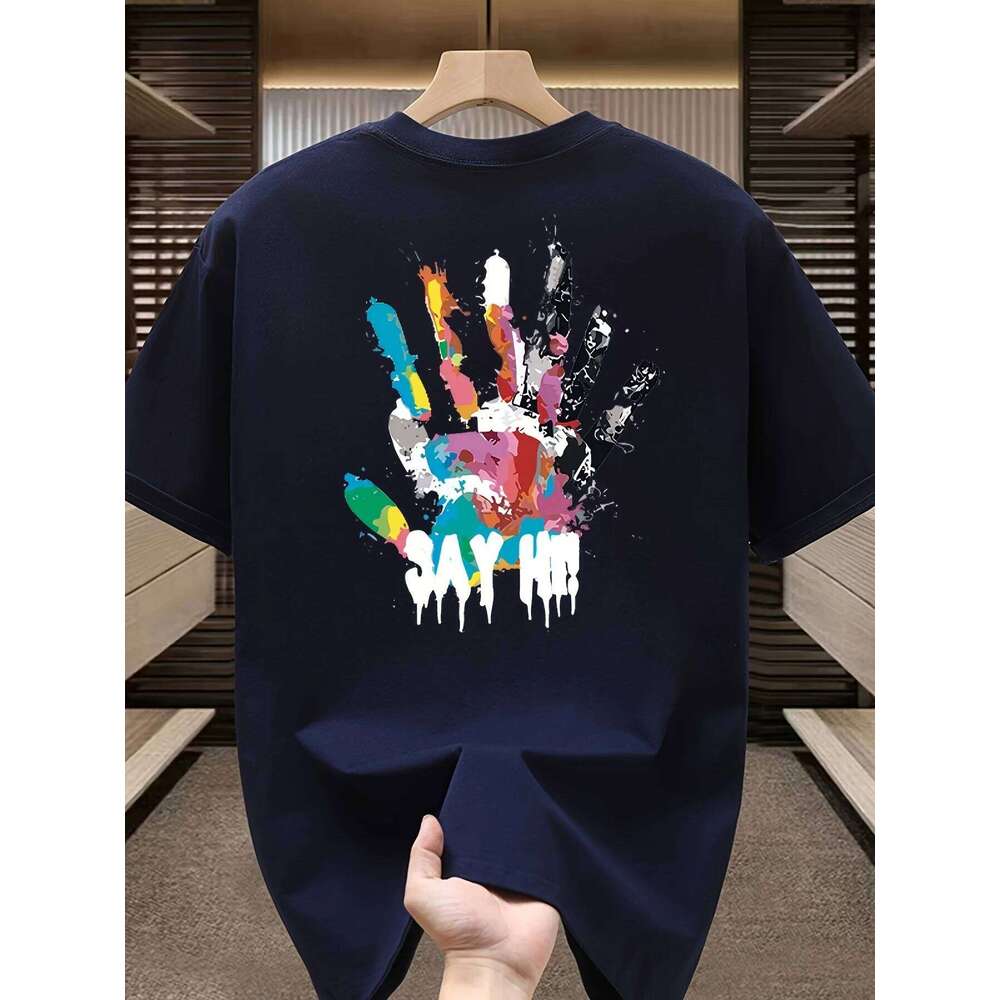 Men's Summer 100 Cotton Fashionable Casual Sports Loose Large Size Color Handprint Round Neck Short Sleeve T-shirt Top 26H0306
