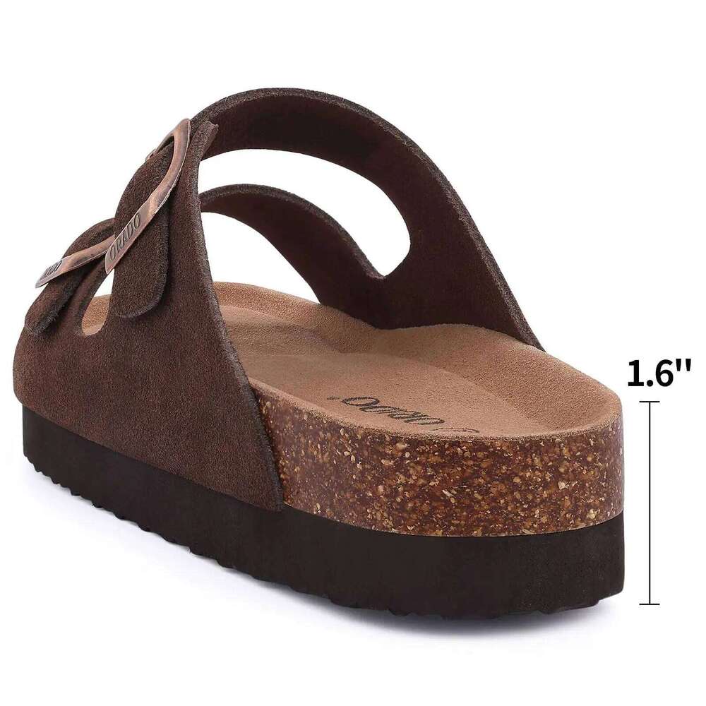 Litfun Classic Leather Women Fashion Suede Flats Sandals Thick Footbed Cork Slides Unisex Outdoor Beach Slippers