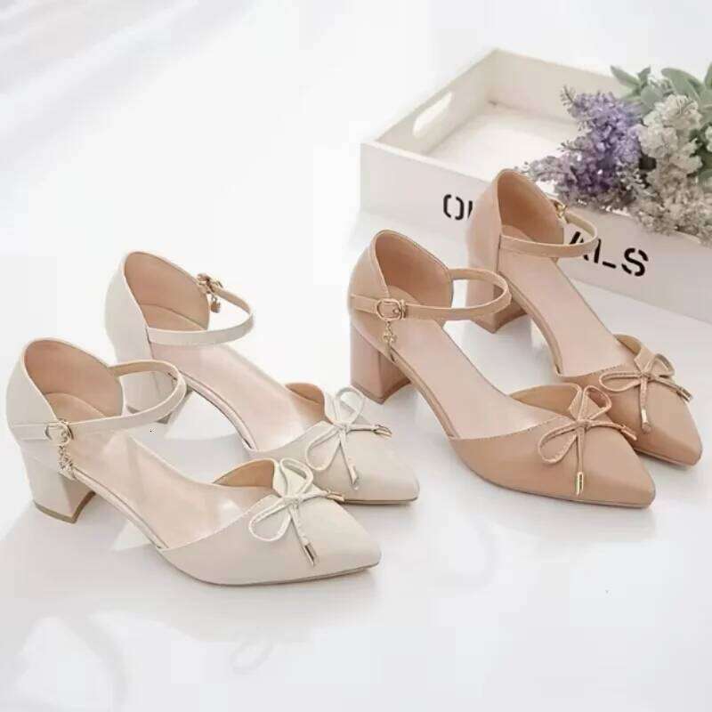 Women's High Sandals Pointed Toe Pumps Bowknot Decoration Chunky Heel Dress Shoes for Office Ladies Party Wedding