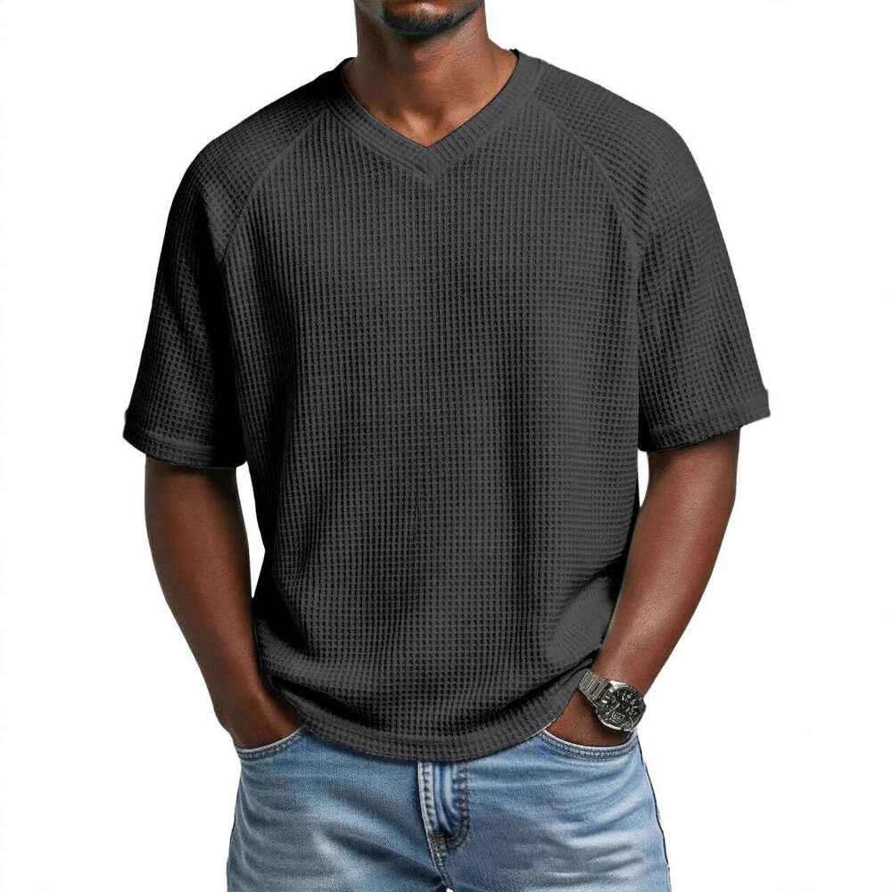2026 European and American Spring Summer Cross-Border Independent Station Fashion Waffle Knit Raglan V-Neck Short Sleeve Men's T-Shirt