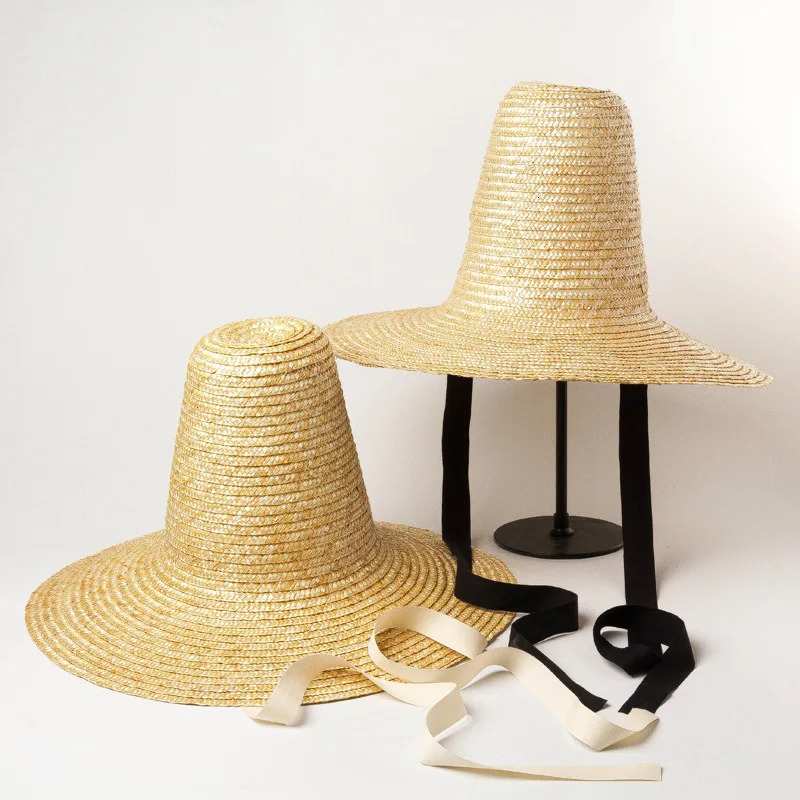 USPOP Retro Pointed High Top Straw Sun Hat with Straps Fashion Show Style and Wide Brim Straw Hat 260228