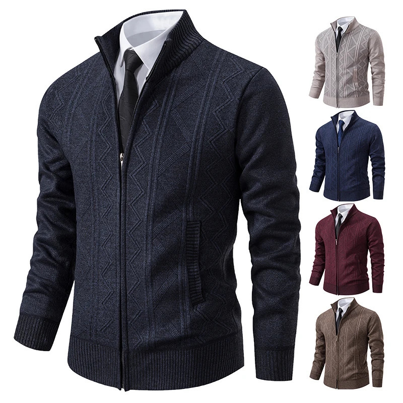 Thickened jacket mens autumn and winter warm trend line stand collar knitted cardigan sweater coat 260306