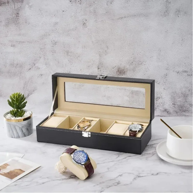 PU Leather Display Storage Collection Organizer watch box Case With Glass Top Slot Men Watch Bracket Display Box Gifts 260304