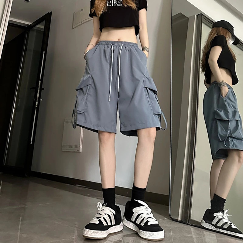 Gidyq Women High Waist Cargo Shorts American Style Streetwear Summer Wide Leg Pants Fashion Female Big Pocket Loose Shorts 260306