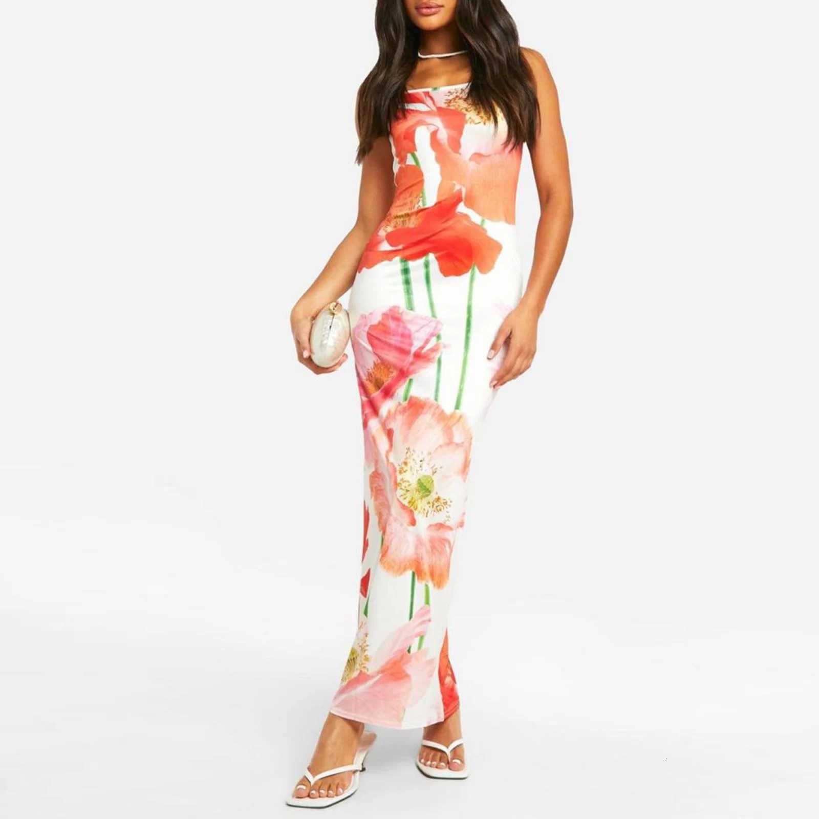 hirigin Women Floral Print Maxi Cami Dress Spaghetti Strap Flower Boho Long Dress Bodycon Sleeveless Colorful Summer Sundress X260306