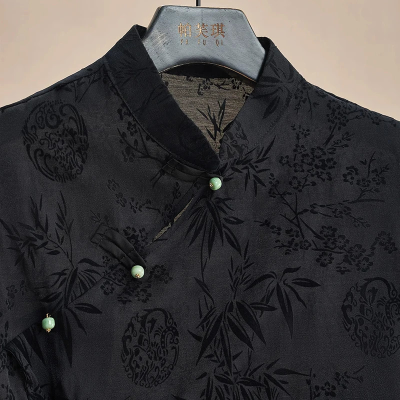 Retro Thin Shirt Chinese Style Cheongsam Top Black Jacquard Short Sleeve T-shirt Summer Mature Fashion Womens Clothing 260306