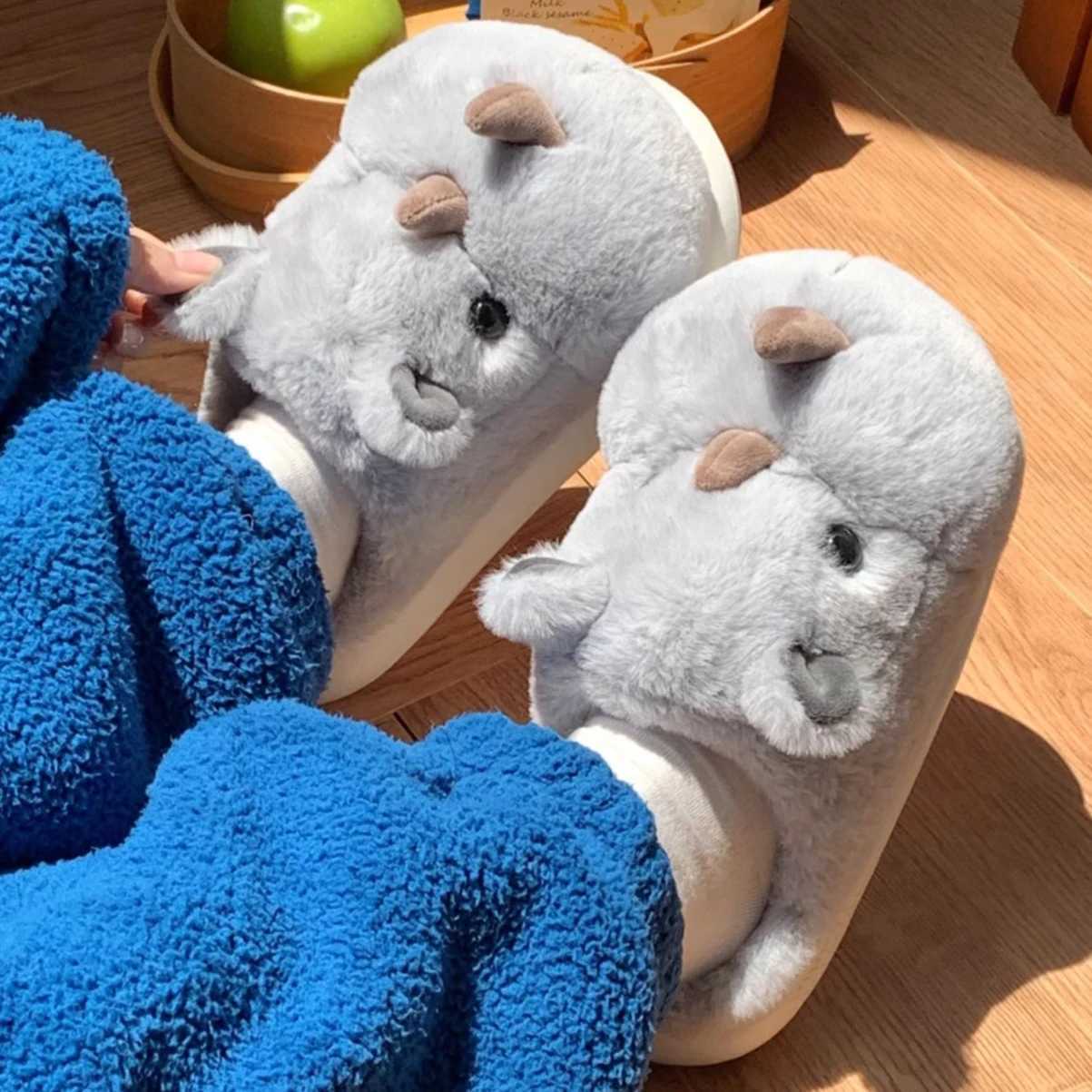 Cute Fun Rhinoceros Design Women Winter new Slippers Casual Soft Heel Platform Fur Warm Indoor Comfortable Man Home Slippers S260305