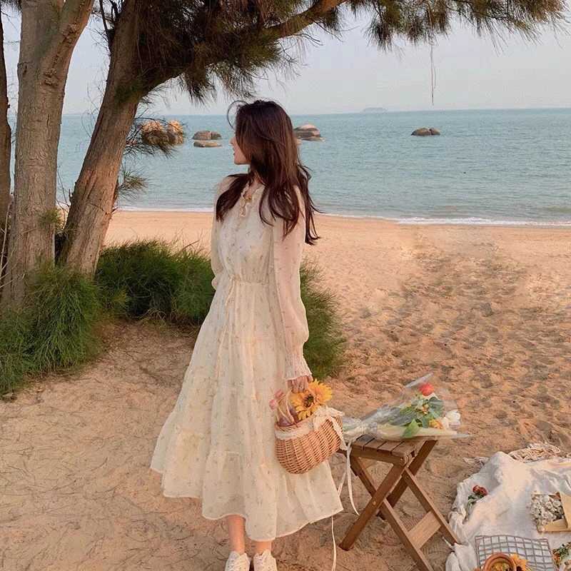 V-neck Elegant Sweet Dress Women Long Sleeve Chiffon Floral Dress Party Beach Dress for Females Korean Style 2021 Summer Chic X260306