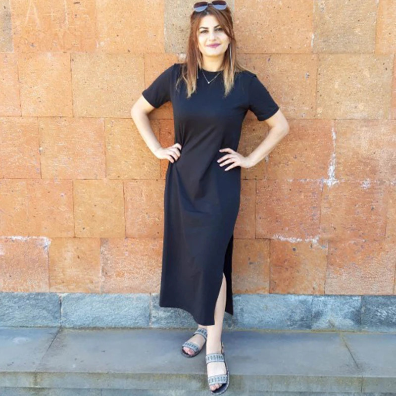 Summer Korean Style Midi Dress Women Casual Black Long Dresses Short Sleeve Sexy Plus Size Side Open Party Maxi T Shirt Dress 260306