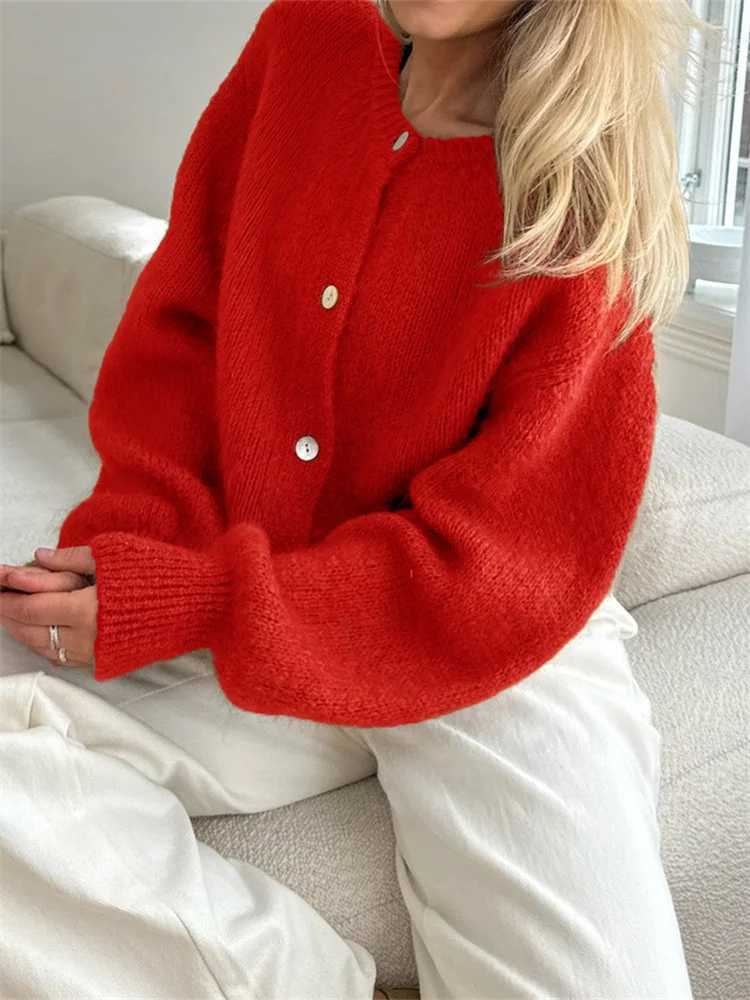 Womens Knit Outerwear Solid Color Cardigan Fuzzy Long Sleeve Button Down Sweater Soft Knit Tops M260306