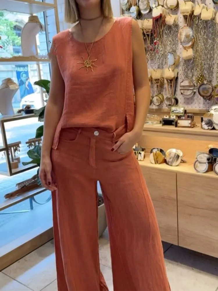 Summer Fashion Womens Commuting Style Cotton and Hemp Two Piece Set Round Neck Sleeveless Top Wide Leg Pants Set 260305