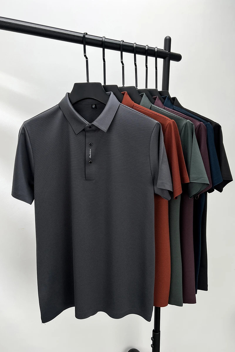 Summer Short sleeved High end Textured Letter Mens POLO Shirt Comfortable Silk Ice Feel Casual Business lapel T-shirt 260304