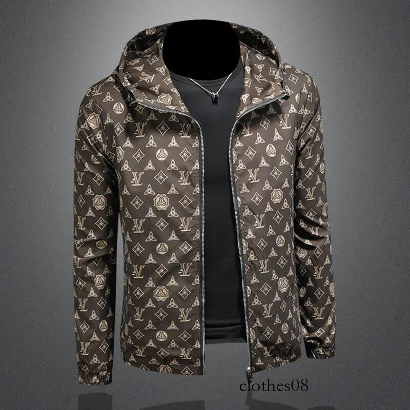 Spring 2026 Men's Hooded Jaet Printed Casual Sle Polyester Fiber Warmth Long Sve Zipper Closure Side ket Design