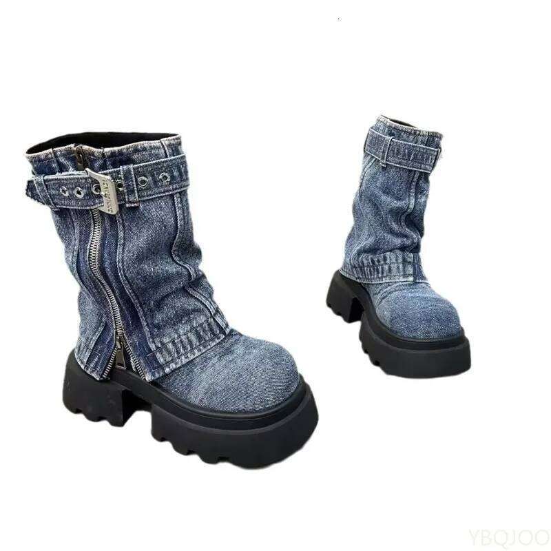 Spring and Autumn Fashion New Denim Thick Bottom Tall Short Belt Buckle Zipper Fake Two Piece Pants Women's Boots
