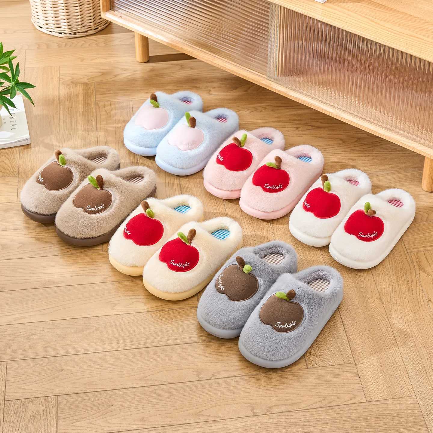 TZLDN Cartoon Plush Slippers for Women Men Winter Warm Fluffy Faux Fur Slippers 3D Apple Indoor Home Couple Cotton Slippers S260305