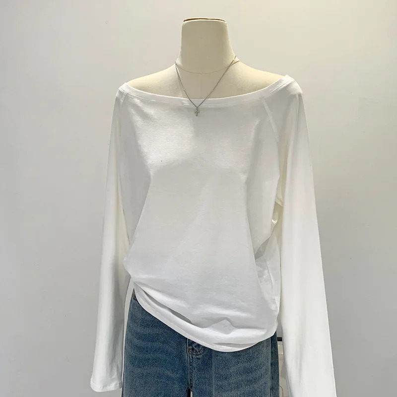 Autumn Winter One Shoulder Cotton Long Sleeve Slant Shoulder Womens Clothing Style Interior Wide Truffle Shoulder Base Shirt 260306