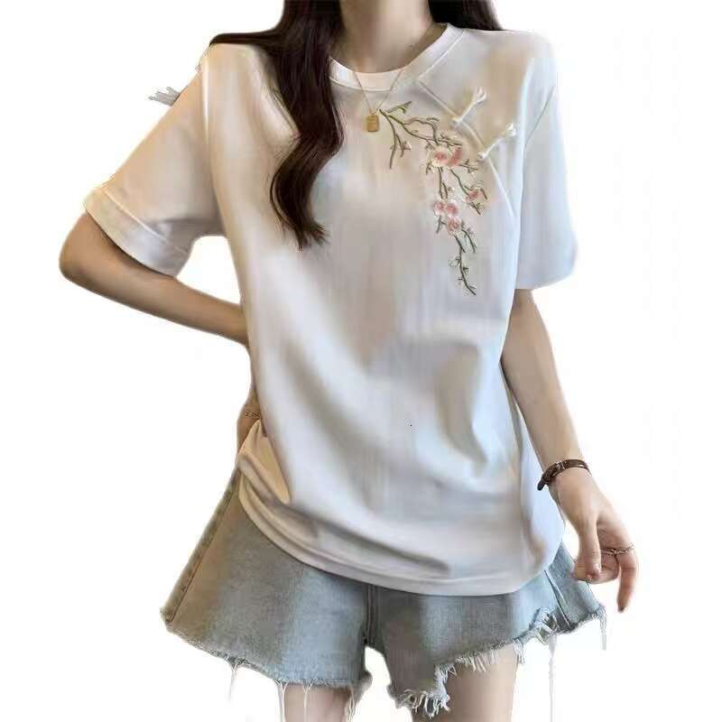 Women Summer Chinese Style Graceful Embroidery Floral Black T Shirts 2025 New Lady Casual Loose Short Sleeve Retro Tops Female