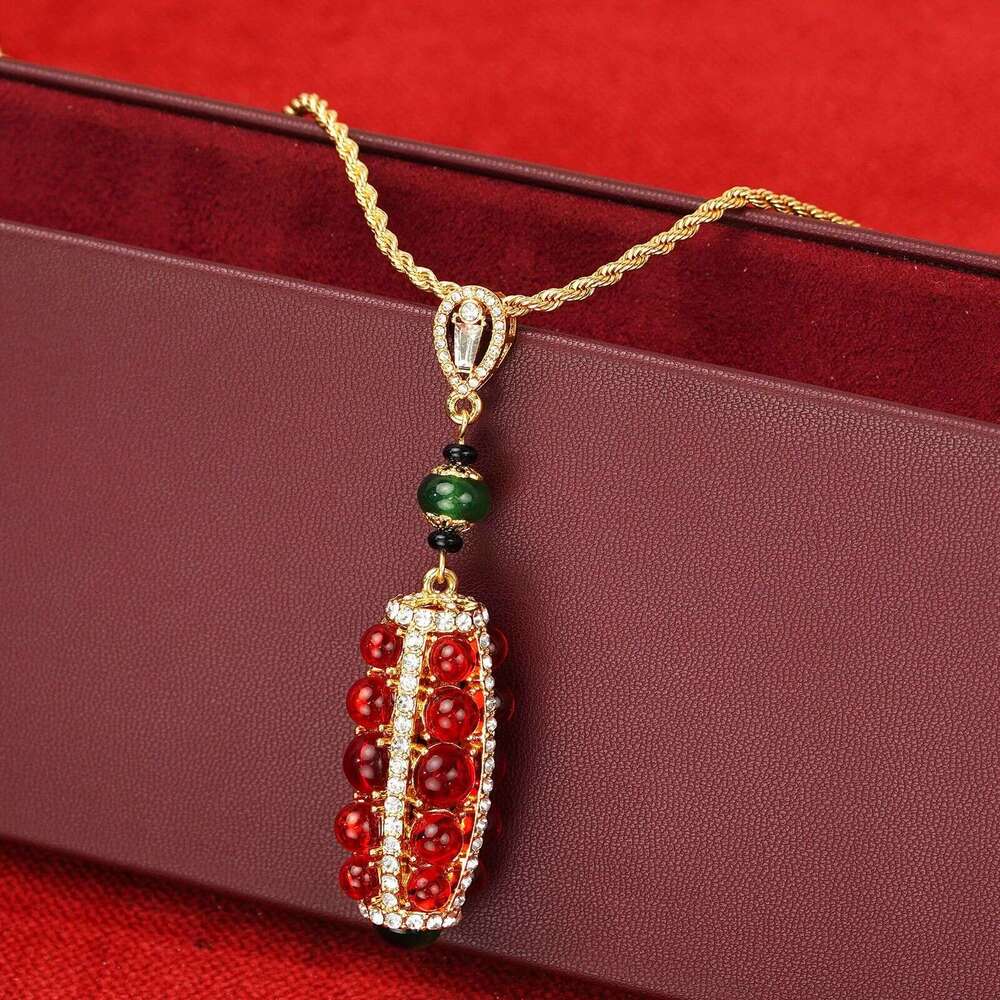 Vintage Red Glass Pendant Necklace And Earring Jewelry Set Light Luxury Finely Crafted Silver Earrings With A High-End Feel High-Quality