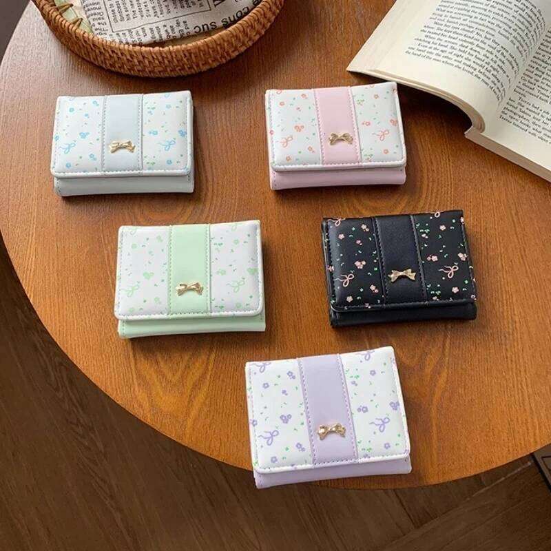 Girls Cute Fashion Floral Bow Women's Small Multi-card Slot Simple Holder Hasp Three Fold Purse Card Bag Wallet C260304