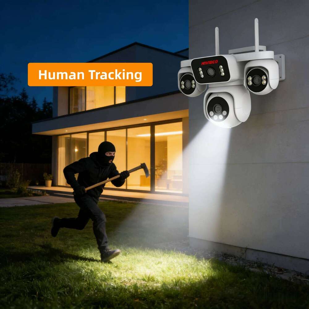 HIVIDEO 8MP Quad-lens Outdoor and Indoor Wifi Full Color Weatherproof Surveillance IP Security Cctv Camera 26W0306