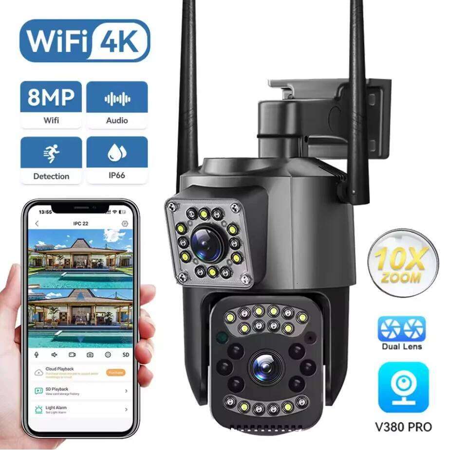 8MP 4K Lens PTZ Dual Screen AI Human Tracking Outdoor CD CARD 4MP WIFI Surveillance IP Camera V380 PRO 26W0306