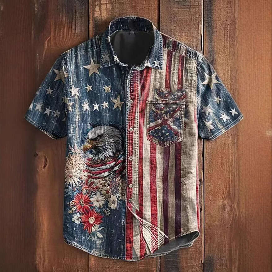 Cross-border vintage casual printed short-sleeve men's shirt