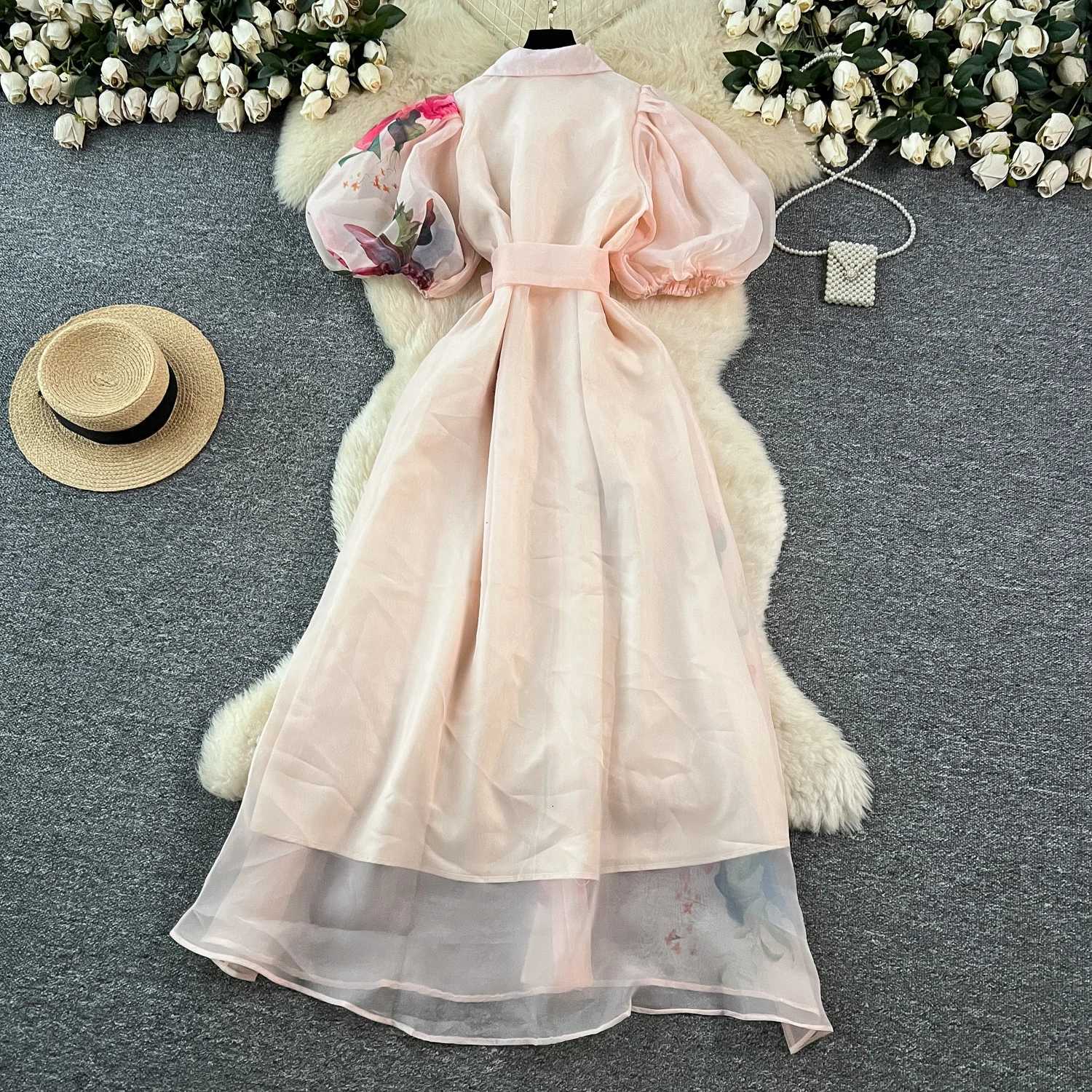 French Vintange Elegant Evening Dress New Women 3D Flower Lapel Puffed Sleeve Long Print Dress High End Festival Clothing X260306