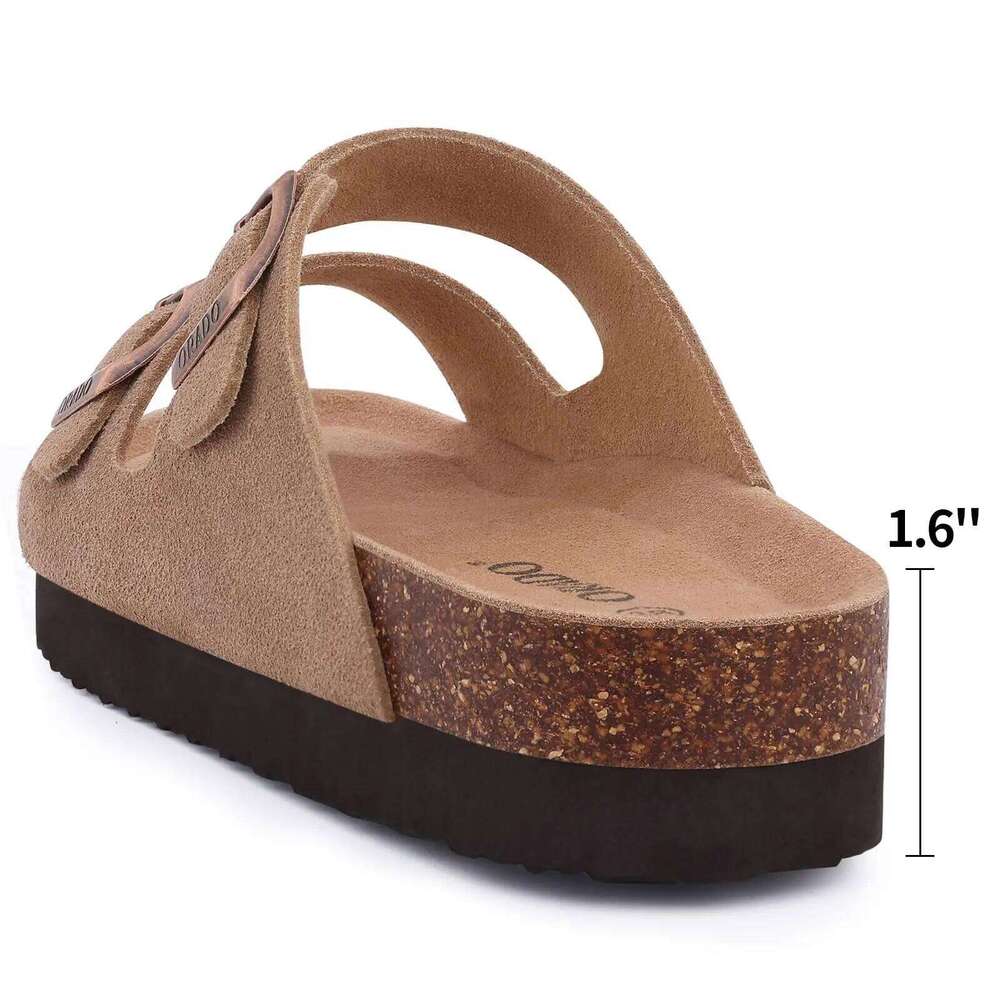 Litfun Women's Cork Footbed Classic Flat Fashion Thick Bottom Double Buckle Slides Beach Sandals With Adjustable