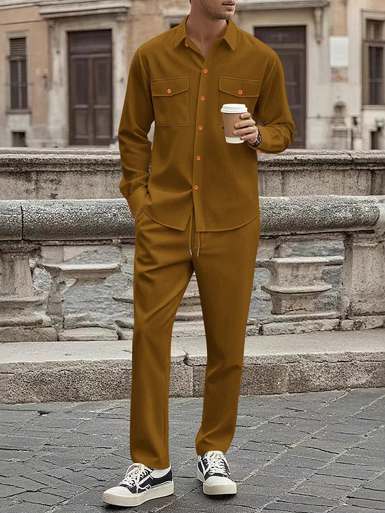 Cross border winter mens European and American corduroy casual suit workwear style long sleeved shirt long pants two-piece 260227