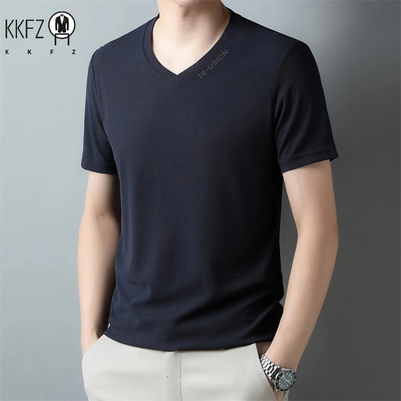 Mens Casual and Fashionable Vneck Solid Color Short Sleeved Tshirt Breathable Comfortable Summer Versatile Top 260302