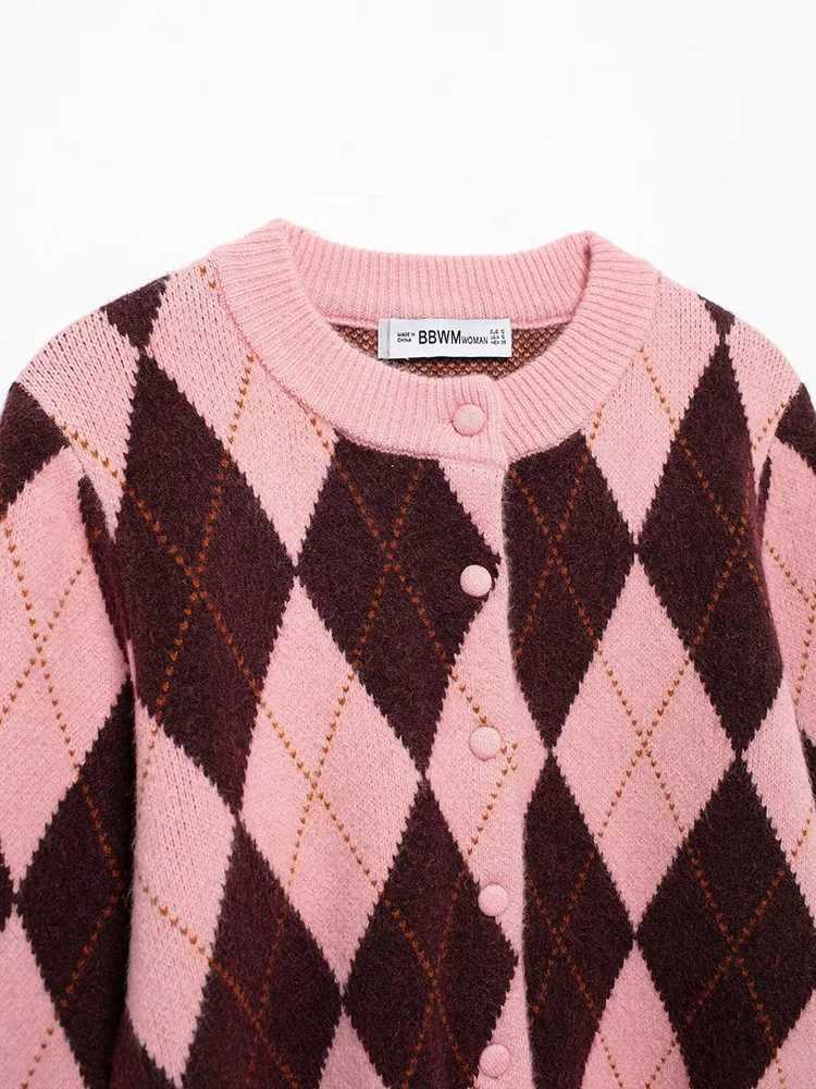 New Fall Winter 2024 Women Geometric Print Knitwear Vintage Ladies Crew Neck Long Sleeve Single Breasted Cardigan M260306