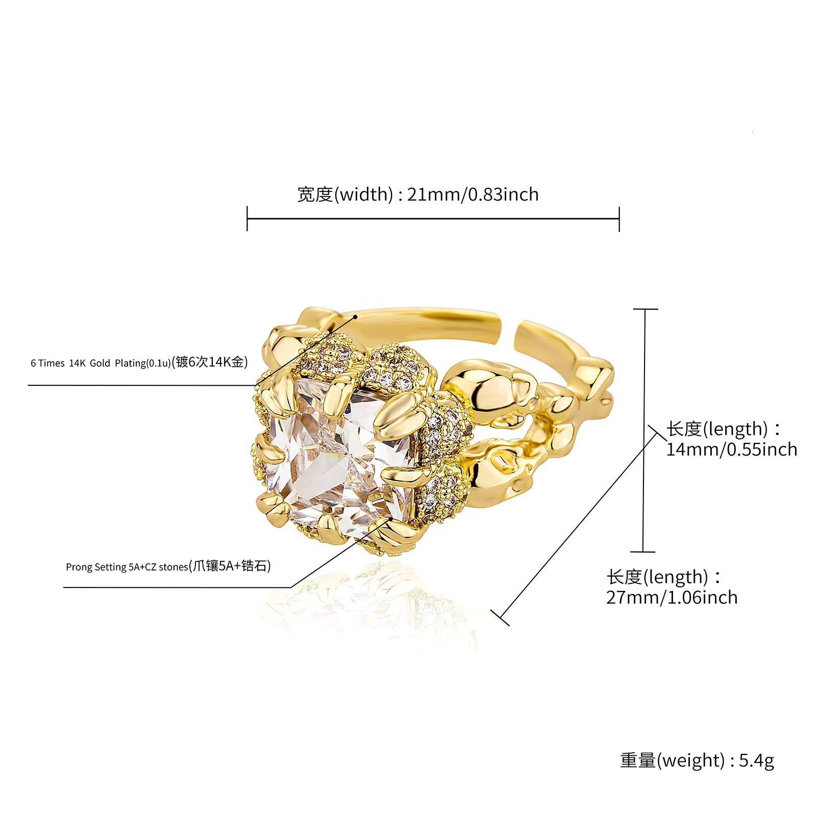 Wholesale High Quality Iced Zircon Brass Gold Plated Lab Created Daily Dragon Claw Shiny Open Hip Hop Diamond Skull Finger Ring